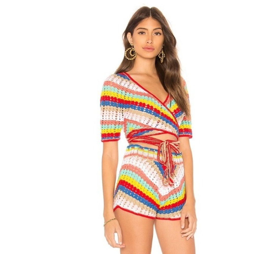 Wildfox Couture Gigi Crochet Crop Top Womens M Multicolor Tie Front Resortwear